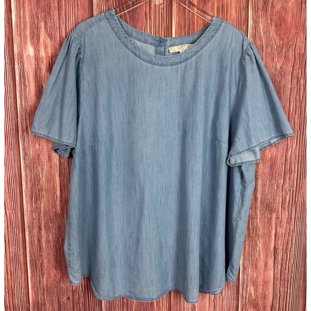 LOFT Plus Womens 24 Light Blue Chambray Puff Sleeve Cotton Lyocell Blouse Top
